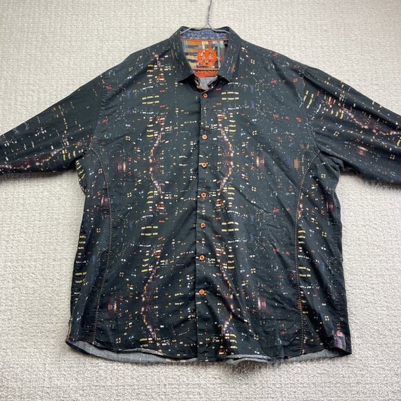 Au Noir Button Up shirt Men Sz 7 Black Colorful City Night Lights Landscape AOP - Picture 8 of 16
